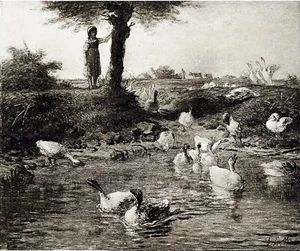 LA PETITE GARDIENNE d'OIES - Gravure 19eme siècle (Millet - École de Barbizon) - Imagen 1 de 2