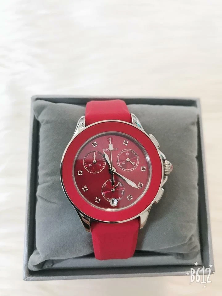 MICHELE Cape Silver Red Topaz Dial Chronograph Watch MWW27C000004