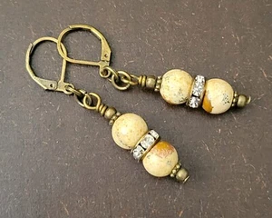 PICTURE JASPER Earrings, Drop, Crystal Rondelle Bronze Tone Lever Back Earwires  - Picture 1 of 7