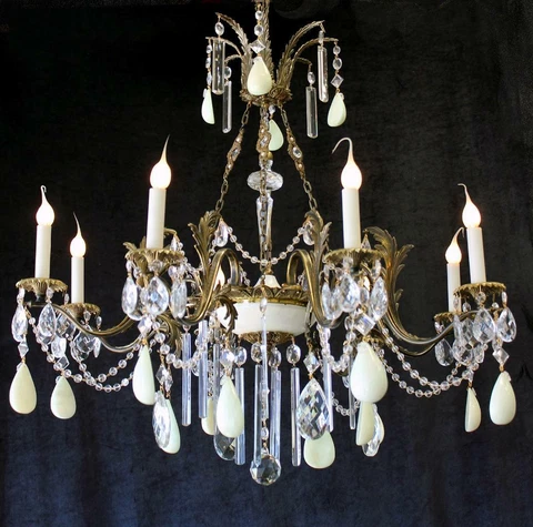 Vintage 33" x 31" CRYSTAL, BRASS 8 Light Pastel Green ALABASTER CHANDELIER Spain Cover