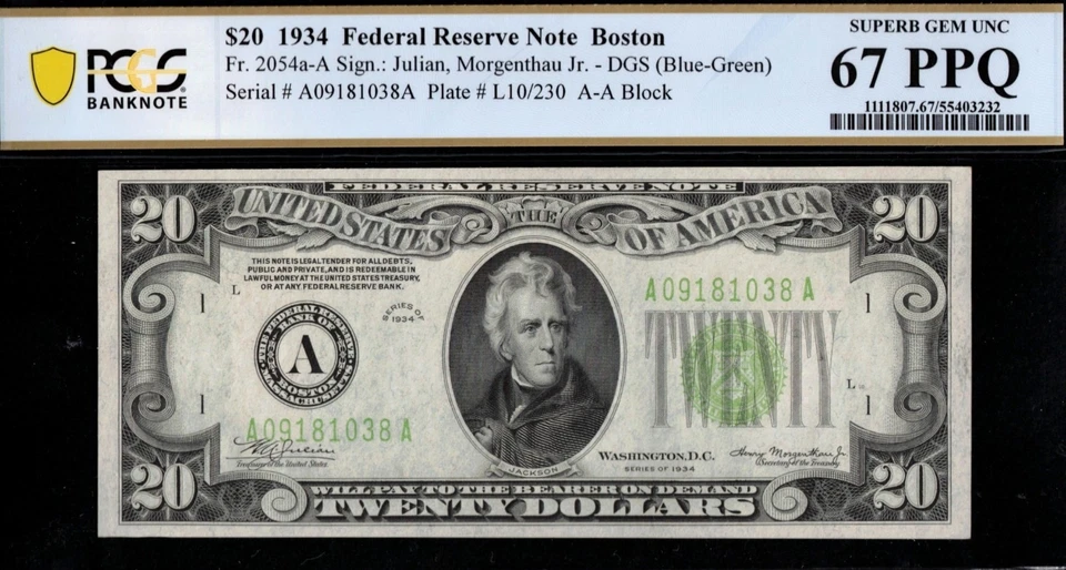 1934 $20 FRN A09181038A P.C.G.S #67PPQ TOP POP - Image 1 of 3
