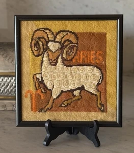 Vintage 1970s Horoscope Aries Ram Needlepoint Framed 9 3/4" x 9 1/4" - Picture 1 of 19