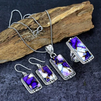 Purple Rose Turquoise Silver Plated Ring Earring Pendant Wedding Jewelry Set - Image 1 of 4