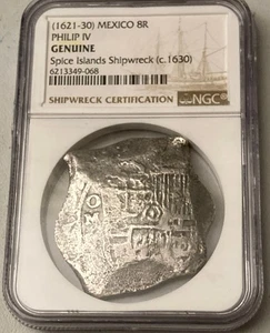 SCARCE NGC Spice Islands Shipwreck 1600s Mexico Silver 8 Reales Spanish Dollar - Picture 1 of 3