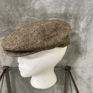 Vintage Flat Hat Cap 7 -71/8 Men's Tweed Brown Newsboy Cabbie USA - Picture 1 of 6