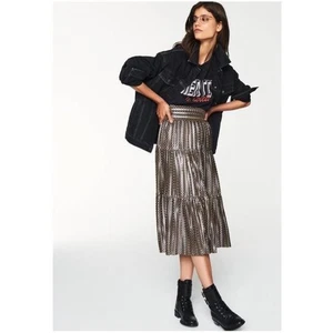 BA&SH Pleated Jupe Poly Midi Skirt Chevron Stripe Foil Metallic Tiered Size 6 - Picture 1 of 24