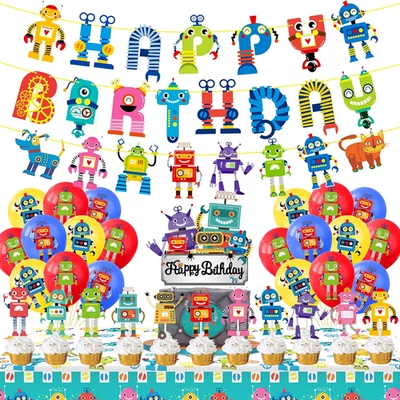 Robot Cumpleaños Fiesta Decoraciones Robot Feliz Cumpleaños Banners Robot Cupcake Topp Foto 1 de 4