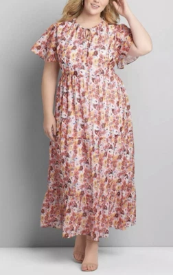 Maxi Vestido Lane Bryant 14 16 Floral Manga Corta Fluido en Niveles Manga Acampanada NUEVO Foto 1 de 4