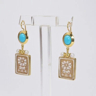 ORECCHINI IN ARGENTO 925 DORATO CON CAMMEO FIORI E PASTA DI TURCHESE AGHT 0695 - - Immagine 1 di 3