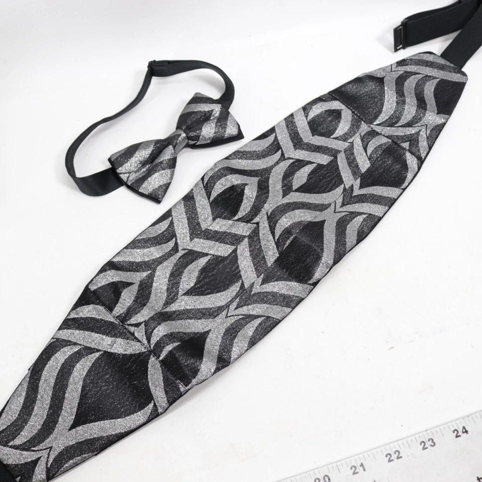 Formal Mens 100% Silk Bow Tie & Cummerbund Set Pleated Geo Abstract Silver Black - Image 1 of 4