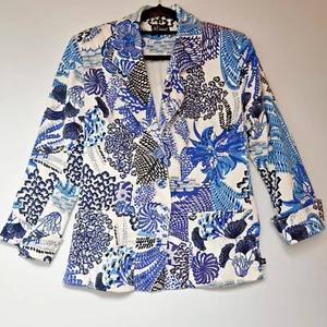 Liz Davenport Jacket Size 8 Blazer Blue Floral Pattern Cotton Lightweight Layers - Bild 1 von 8