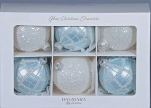 6 DAGMARA JEWELED SATIN BABY BLUE & FROSTED WHITE Holiday Glass Ball Ornaments - Picture 1 of 4
