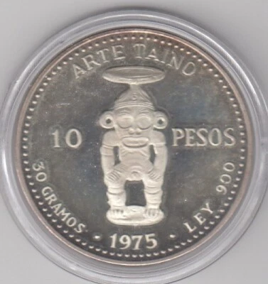 1975 Dominican Republic 10 Pesos 30 Gramos Arte Taino Silver Coin - Image 1 of 2