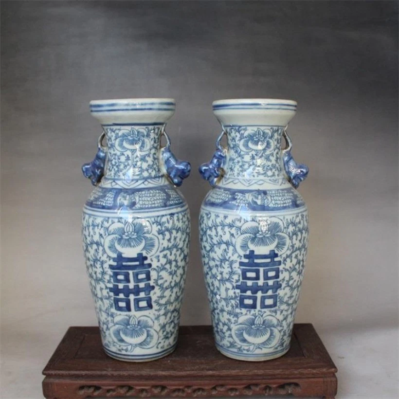 Un par de jarrón de porcelana azul y blanco antiguo de China doble felicidad Foto 1 de 4