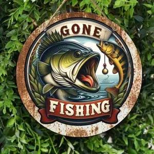 Gone Fishing Largemouth Bass Fisherman Round Wreath Sign Wall Art Decor - Picture 1 of 3