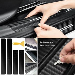 4PCS 4D Glossy Carbon Fiber Vinyl Car Scuff Plate Door Sill Stickers Accessories - Picture 1 of 13