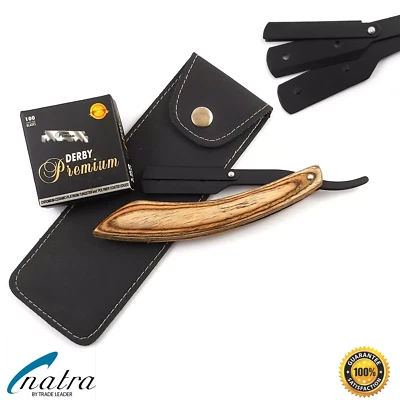 Afeitadora de madera + 100 cuchillas de afeitar DERBY PREMIUM + estuche NATRA