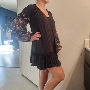 Super Cute Free People Black Floral Longsleeve Fun Hippie Mini Dress Size Medium - Picture 1 of 8
