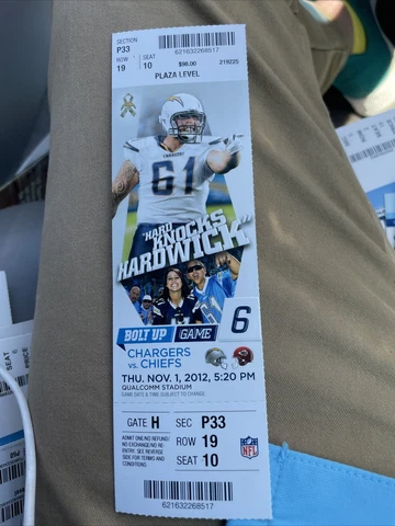 2012 San Diego Chargers Kansas City Chiefs NFL Football Full Ticket Stub Cover