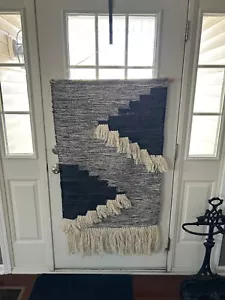 Vintage Boho Black Cream Woven Wall Hanging Tapestry w/Shag approx. 29”x51” - Picture 1 of 11