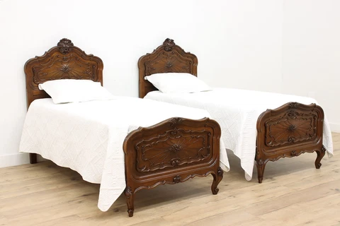 Pair of Antique Italian Piedmont Carved Walnut Twin Beds #36020 Cover