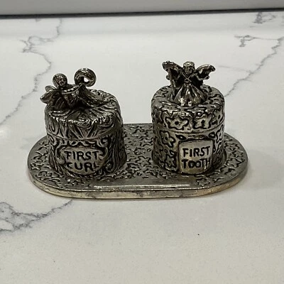 BABY'S FIRST TOOTH & FIRST CURL PEWTER TRINKET BOXES ON TRAY-FARIES S01-25 - Image 1 of 4