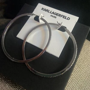 Karl Lagerfeld 2.2”Pave Crystal Hoop Earrings in Silver Plated Mixed Metal - Picture 1 of 5