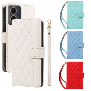 Strap Flip Grid Leather Wallet Phone Case for Motorola G73 G32 G84 G85 G14 G04 - Picture 1 of 20