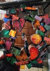 One-of-a-kind, handmade, colorful wooden wall art with mirror. - Picture 1 of 14