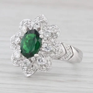 1.40ctw Ovalado Verde Tsavorite Diamante Floral 14k Oro Blanco Anillo Talla 7.25 - Imagen 1 de 10