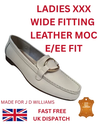 J D WILLIAMS LADIES WHITE LEATHER EXTRA WIDE FITTING MOCCASIN SHOE CASUAL NEW COMFY