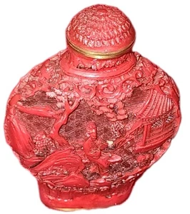 Antique Chinese Red Cinnabar Snuff Perfume Bottle, 2 1/2” T W. Qianlong Mark - Picture 1 of 23