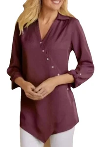 Soft Surroundings Washed Tencel Tunic XS Asymetric Button Roll Tab Blouse - Bild 1 von 7