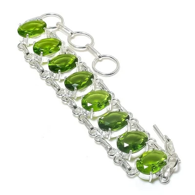 925 Sterling Silver Green Peridot Gemstone Handmade Jewelry Bracelet Size-8" - Image 1 of 4