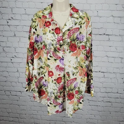 Blusa Top Camisa Manga Larga Floral Mezcla Seda Multicolor Soft Surroundings 1X Foto 1 de 4