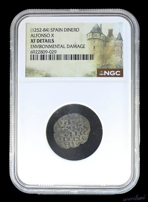 ESPAÑA MEDIEVAL Rey Alfonso X 1252-1284 dC, Moneda Dinero, NGC XF, Era de los Cruzados Foto 1 de 4