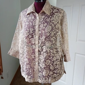Notations Sheer Tan Floral Mesh Blouse 1X NEEDS REPAIR button down summer cover - Picture 1 of 14