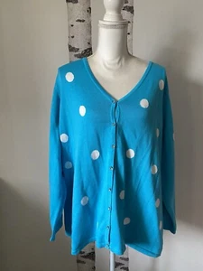 Quacker Factory Cardigan Sweater 2X Turquoise/White Polka Dot Knit Long Sleeve - Picture 1 of 8