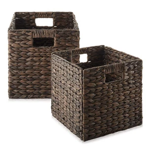 Set of 2 Hyacinth Storage Cubes, 10.5" Wicker Basket Bins for Shelves, Espresso - Picture 1 of 7