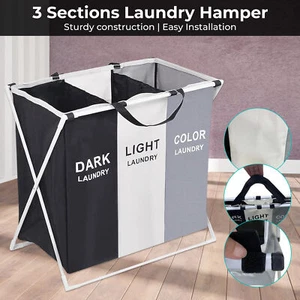 3-Section Wäschekorb für Dunkel, Licht, Und Farbe Waschen Kleidung Mülleimer - Bild 1 von 13