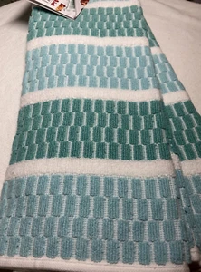 KITCHENAID KITCHEN TEA TOWELS (2) TURQUOISE BLOCK STRIPES 16 X 28 COTTON NIP - Picture 1 of 3