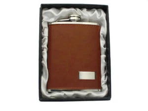 Brown Leather 8oz Hip Flask in Gift Box - Picture 1 of 3