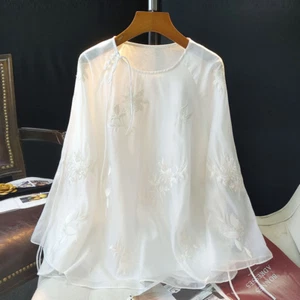 Chinese Women Hanfu Top Flower Embroidered Blouse Retro Casual Pullover Shirt - Picture 1 of 9