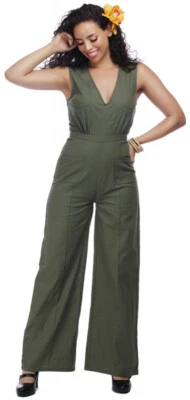 Collectif GABRIELLA Vintage Pin up V-NECK Marlene JUMPSUIT Overall Olive Rockabi - Bild 1 von 4