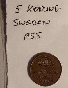 1955 SWEDEN 5 ORE SVERIGES KONUNG COIN - Imagen 1 de 2