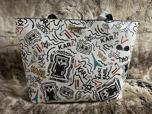 NWT KARL LAGERFELD PARIS White Multicolor Adele Graffiti Tote + Coin Purse - Picture 1 of 10