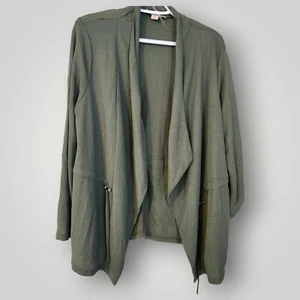 Misia Women's PLUS 1X Olive Green Long Sleeve Open Front Drawstring Cardigan - Picture 1 of 13