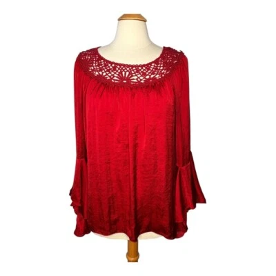 Blusa Top Melissa Paige Roja Crochet Cuello Manga Campana Elegante Mujer Talla Mediana Foto 1 de 4