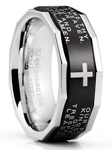 Men's Lords Prayer Stainless Steel Ring Christian Cross Bible Two-Tone