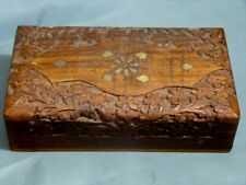Wood Box Carved Brass Inlay Lined Stash Hinged Trinket Jewelry Floral Primitive 